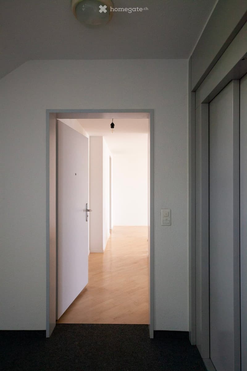 A modern, minimalist hallway with light wooden flooring, white walls, and a single open door leading to a brighter room. The hallway features a light switch and a small light fixture hanging from the ceiling.
