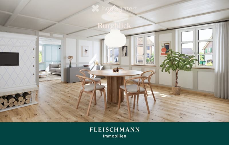 Bright living and dining area with wooden flooring, large windows, a fireplace, a sofa, a dining table with chairs, and a potted plant.
