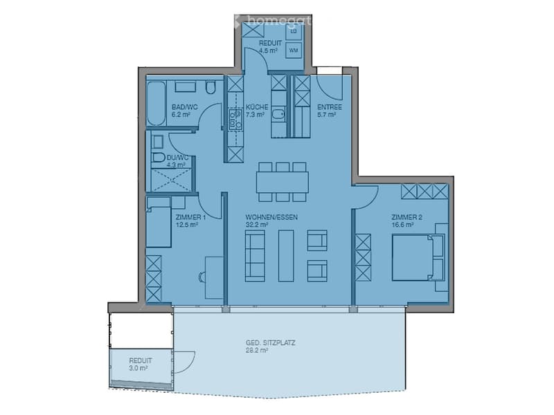 Floor plan showing a layout with a living/dining area, kitchen, two bedrooms, two bathrooms, and two small storage rooms.