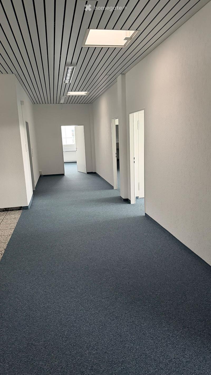 Empty hallway with grey carpeted floor, white walls, and several doors leading to adjacent rooms.