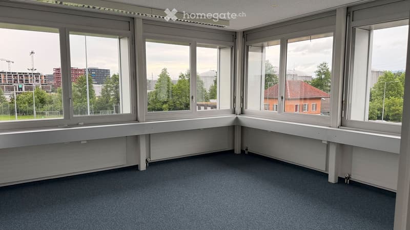 Empty room with large windows, carpeted floor, and radiators beneath the windows.