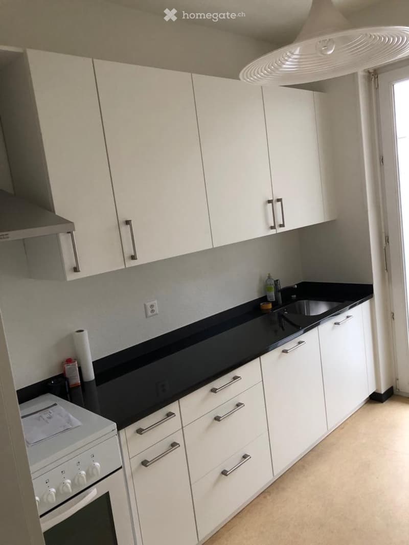 Modern kitchen with white cabinets, black countertops, integrated oven and gas stove, and under-cabinet lighting. Kitchen has a sink and faucet with soap on the counter, and an exhaust hood on the ceiling.