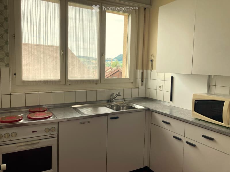 A kitchen with a sink, faucet, microwave, oven, stove, cabinets, drawers, knobs, pans, and tiles.