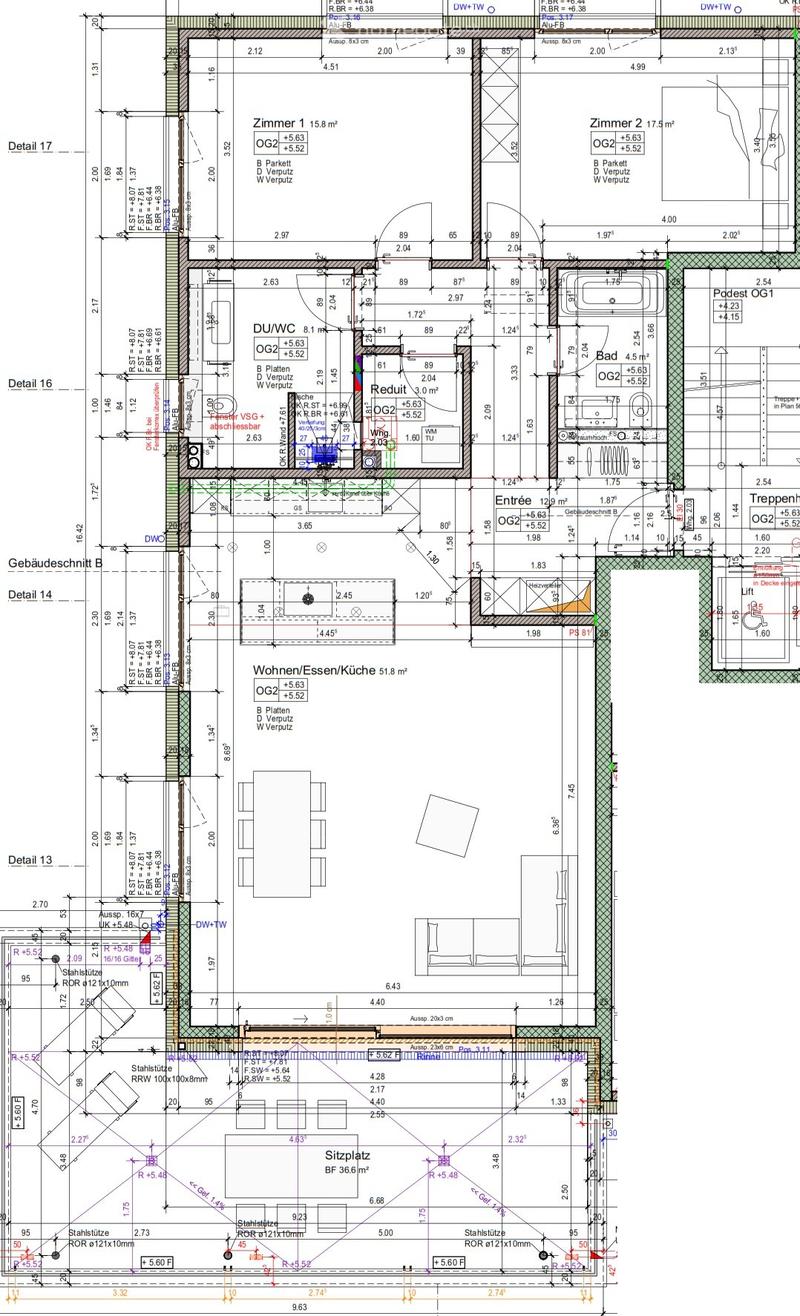 Floor plan of a residential building showing multiple rooms including living/dining/kitchen area, bedrooms, bathroom, entrance, staircase, and podium area.