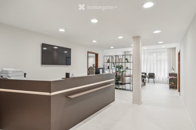 Modern reception area with a sleek reception desk, a large wall-mounted screen, a few chairs, small tables, and decorative plants on shelves.