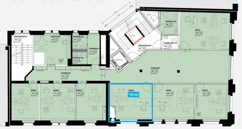 Floor plan of a commercial space with multiple offices, bathrooms, corridors, and staircases. Includes labeled areas such as 'BÜRO', 'TREPPENHAUS', 'TEEKOECHE', and 'KUNDEN WC'.