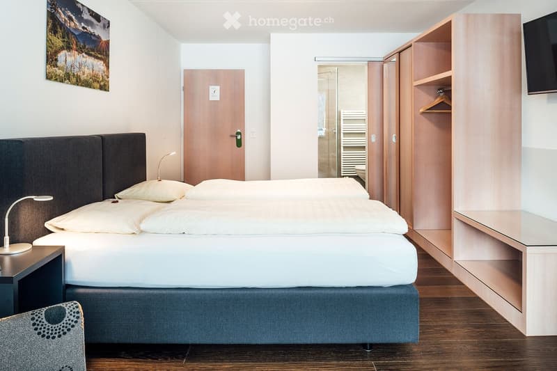Modern bedroom with a double bed, nightstand, lamp, chair, wardrobe, and TV. The room features light-colored walls, wooden flooring, and a scenic landscape painting on the wall.