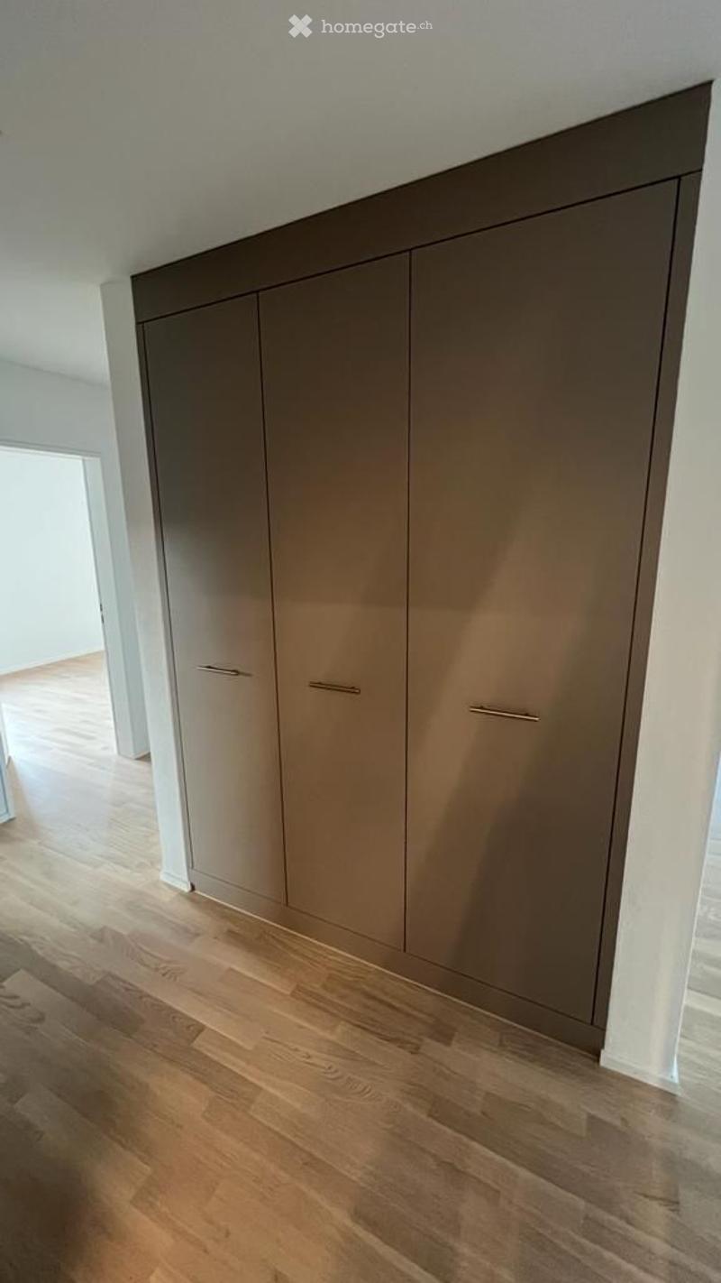 Empty room with light wooden flooring and a large, modern built-in wardrobe with multiple doors and handles.