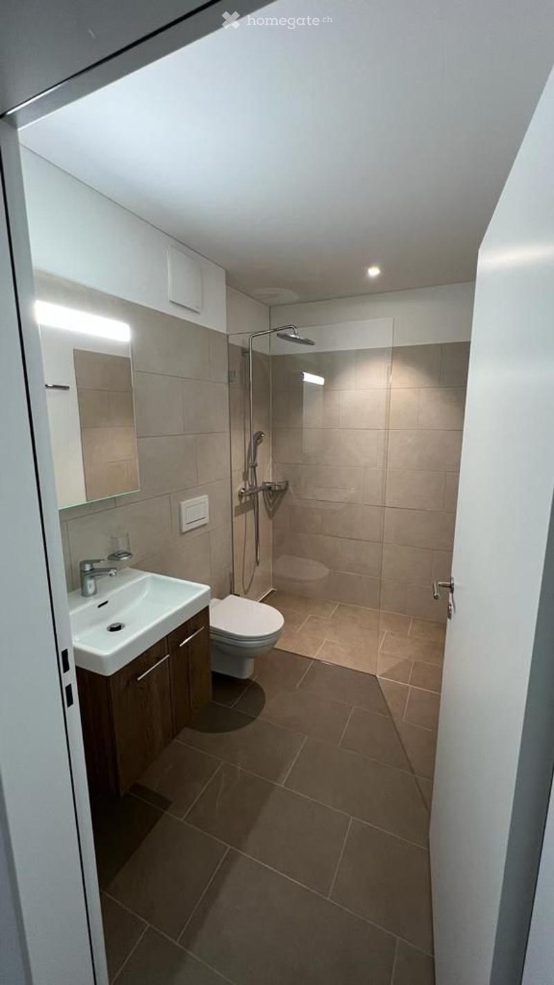 Modern bathroom with a white sink, toilet, and glass-enclosed shower. Features include a mirror, wooden cabinet, and tiled walls and floor.