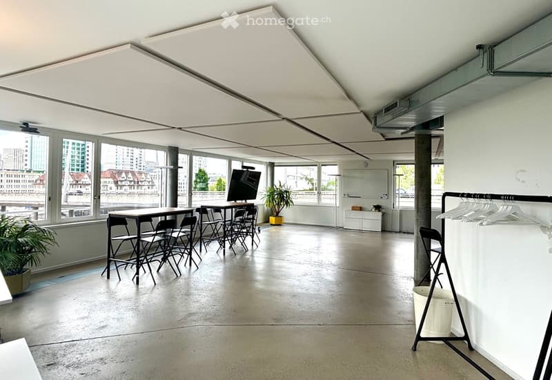 Modern, open-plan room with large windows, concrete floor, and minimal furniture including tables, chairs, a screen, and potted plants.