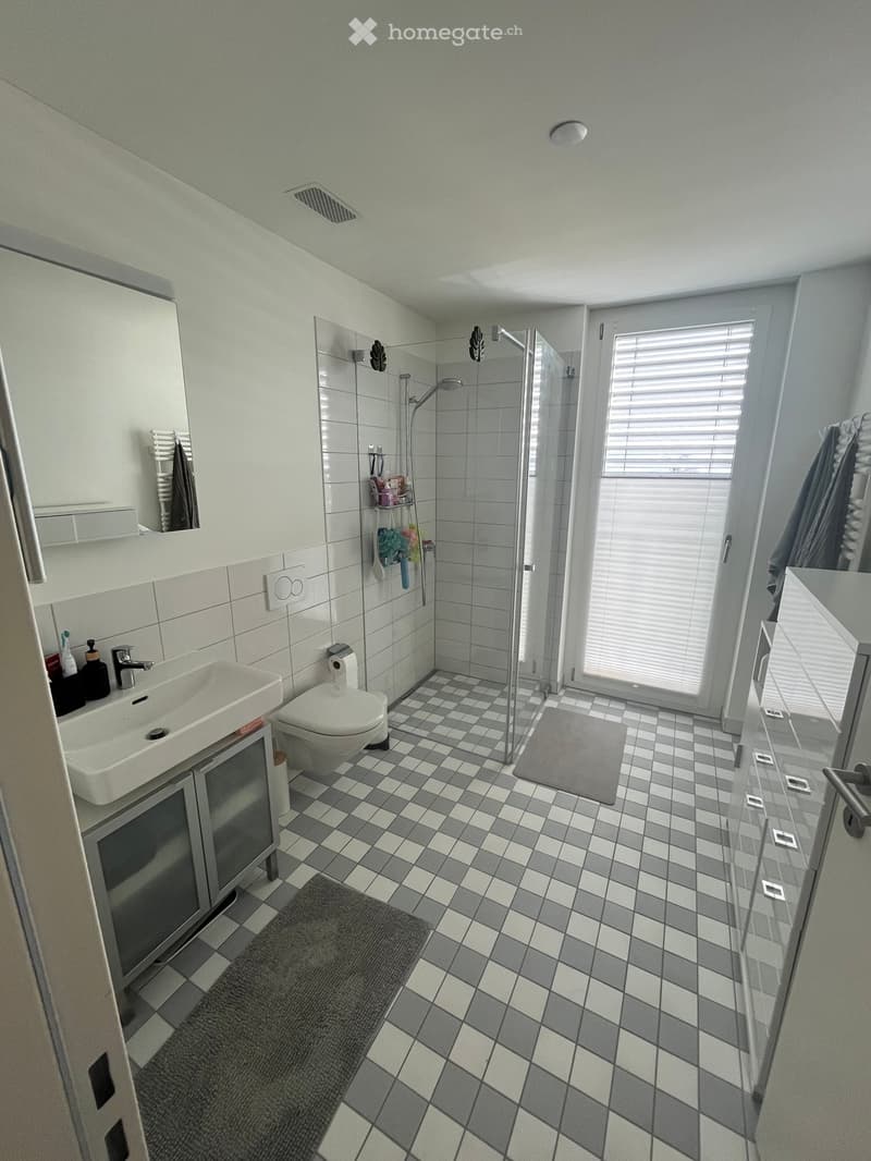 Modern bathroom with white tiles, a glass-enclosed shower, a sink with a cabinet, a toilet, and a large mirror. The floor features a black and white checkered tile pattern, and there is a small rug in front of the sink.