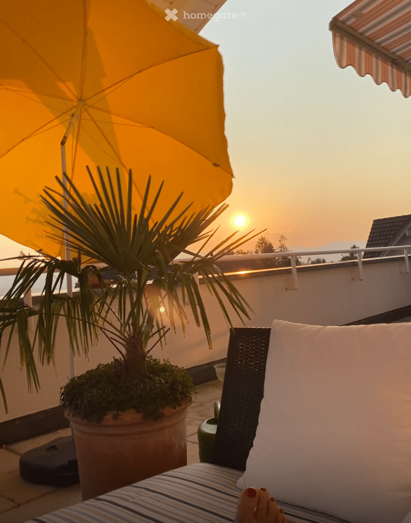 Balcony with a potted plant, a yellow umbrella, and a lounge chair with striped cushions.