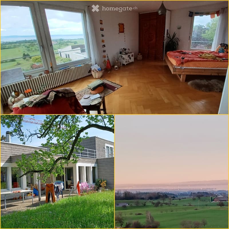 Four-image collage showing a modern house with large windows, a spacious bedroom, a balcony, and scenic countryside views.