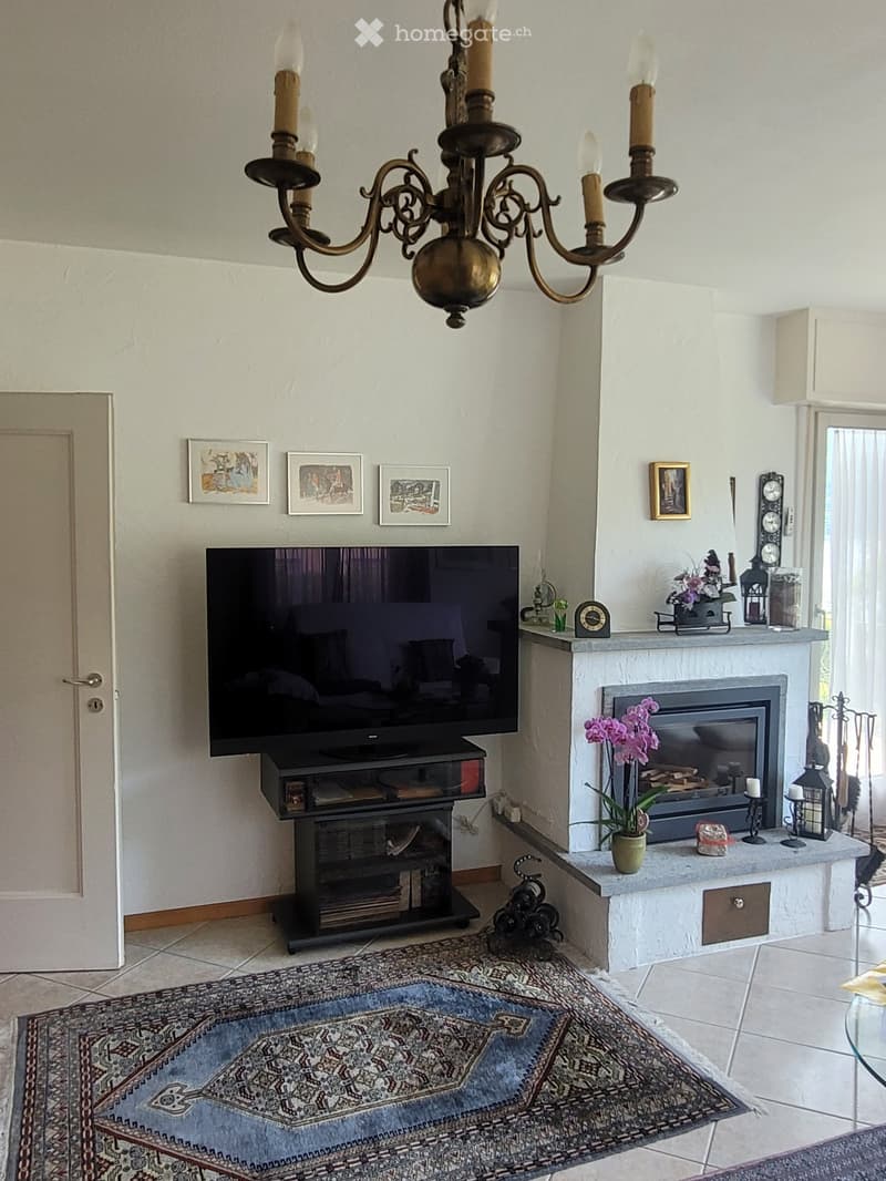 Living room with a fireplace, television, chandelier, and decorative items on the mantel.