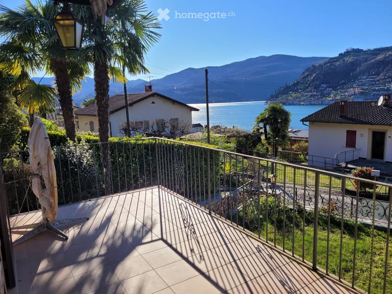 Balcony overlooking a scenic lake with mountains in the background, featuring palm trees and a metal railing.