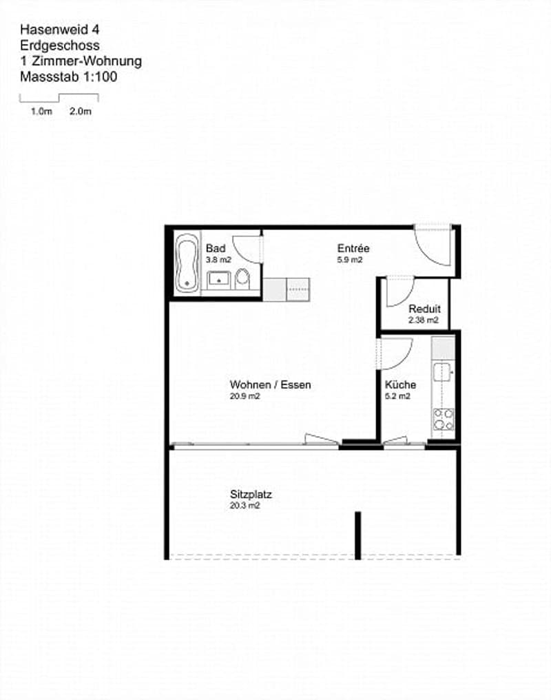 Floor plan of a 1-room apartment with a living/dining area, kitchen, bathroom, entrance, and hallway.