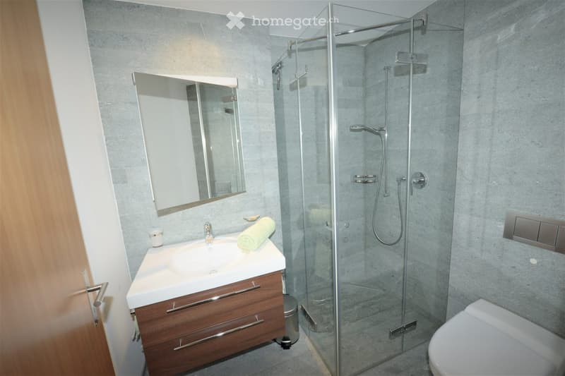 Modern bathroom with a white sink, wooden cabinet, large mirror, glass-enclosed shower, and a toilet. A towel is placed on the sink.