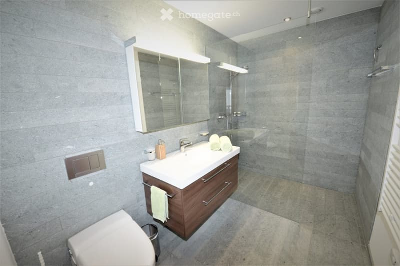 Modern bathroom with grey tiled walls and floor, white sink with wooden cabinet, mirror with built-in lighting, and a glass-enclosed shower area.