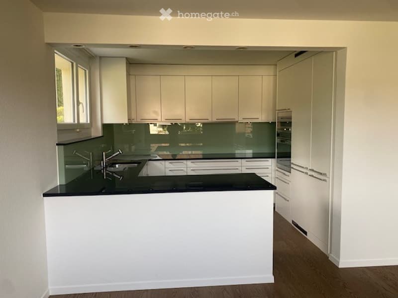Modern kitchen with white cabinets, black countertop, stainless steel sink and faucet, and built-in oven.