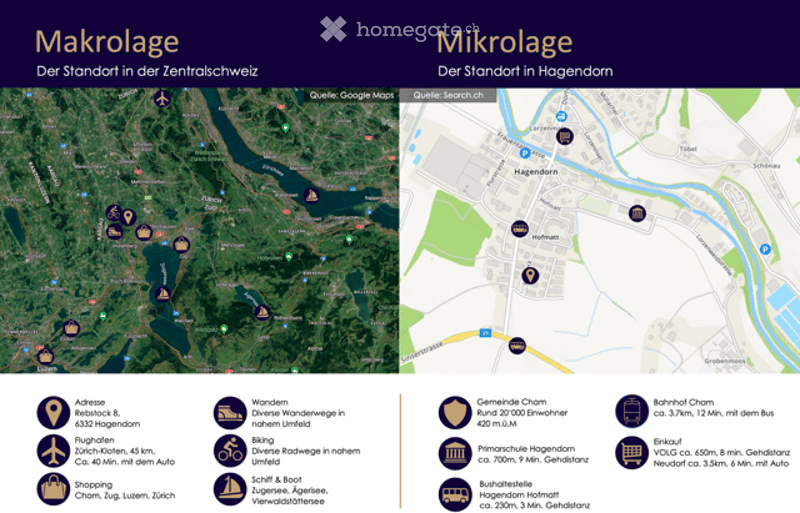Floor plan of a residential area in Hagen, showing two maps labeled 'Makrolage' and 'Mikrolage' with details about location, transportation, and amenities.