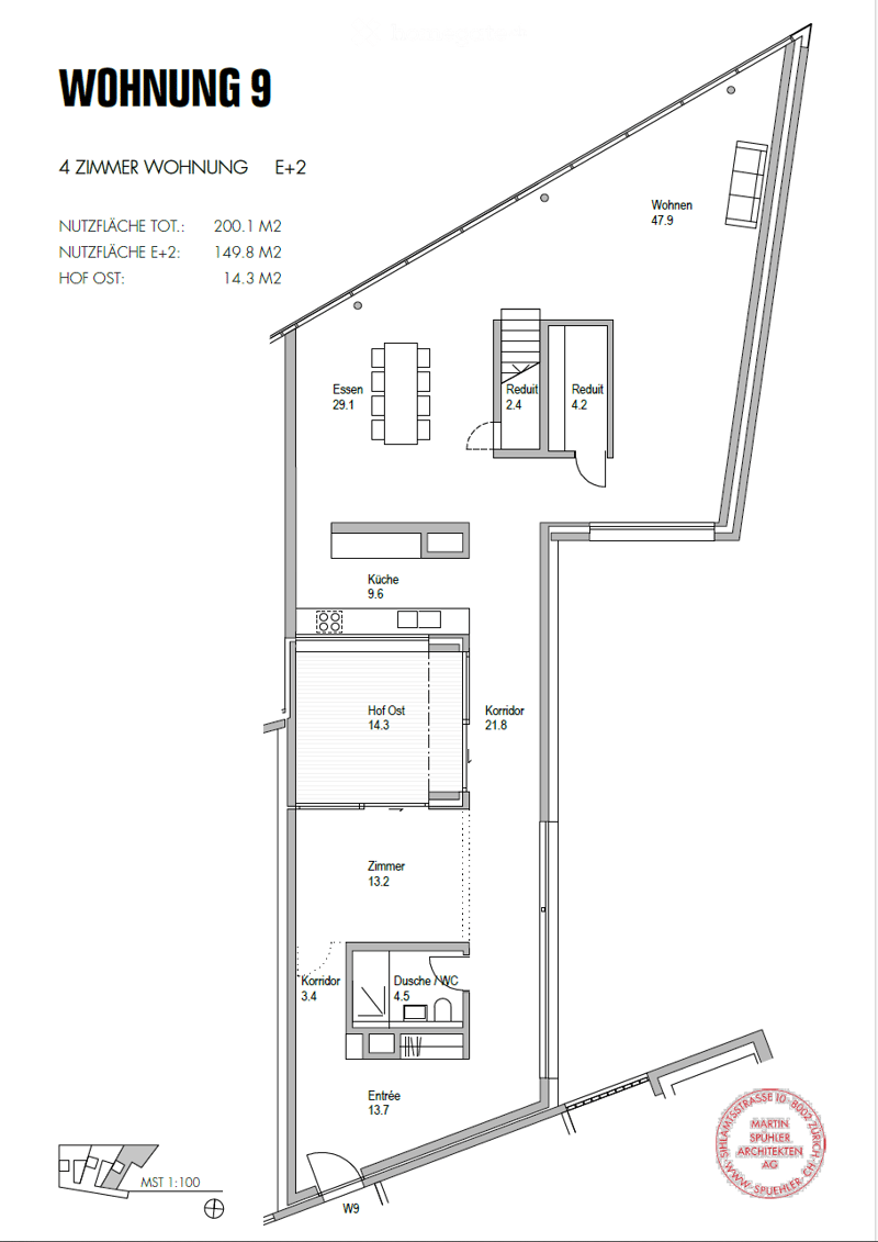 Floor plan of a 4-room apartment (E+2) with total area of 200.1 m², including living room, dining area, kitchen, two bedrooms, hallway, and bathroom.
