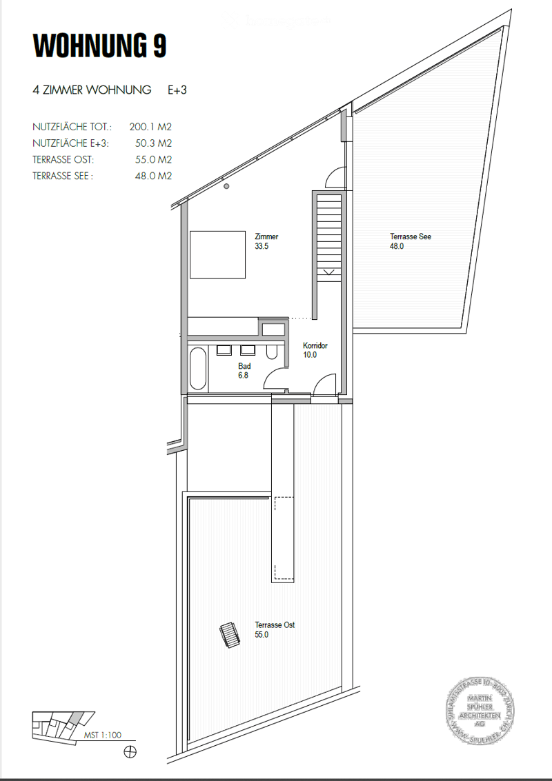 Floor plan of a 4-room apartment with a bedroom, bathroom, corridor, and two terraces (one facing the sea and one facing east).