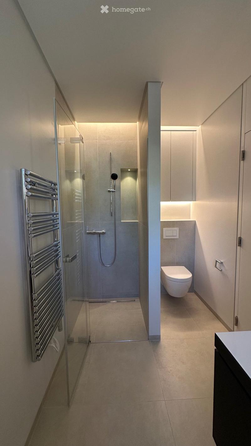 Modern bathroom with a glass-enclosed shower, a toilet, and a towel radiator on the wall.
