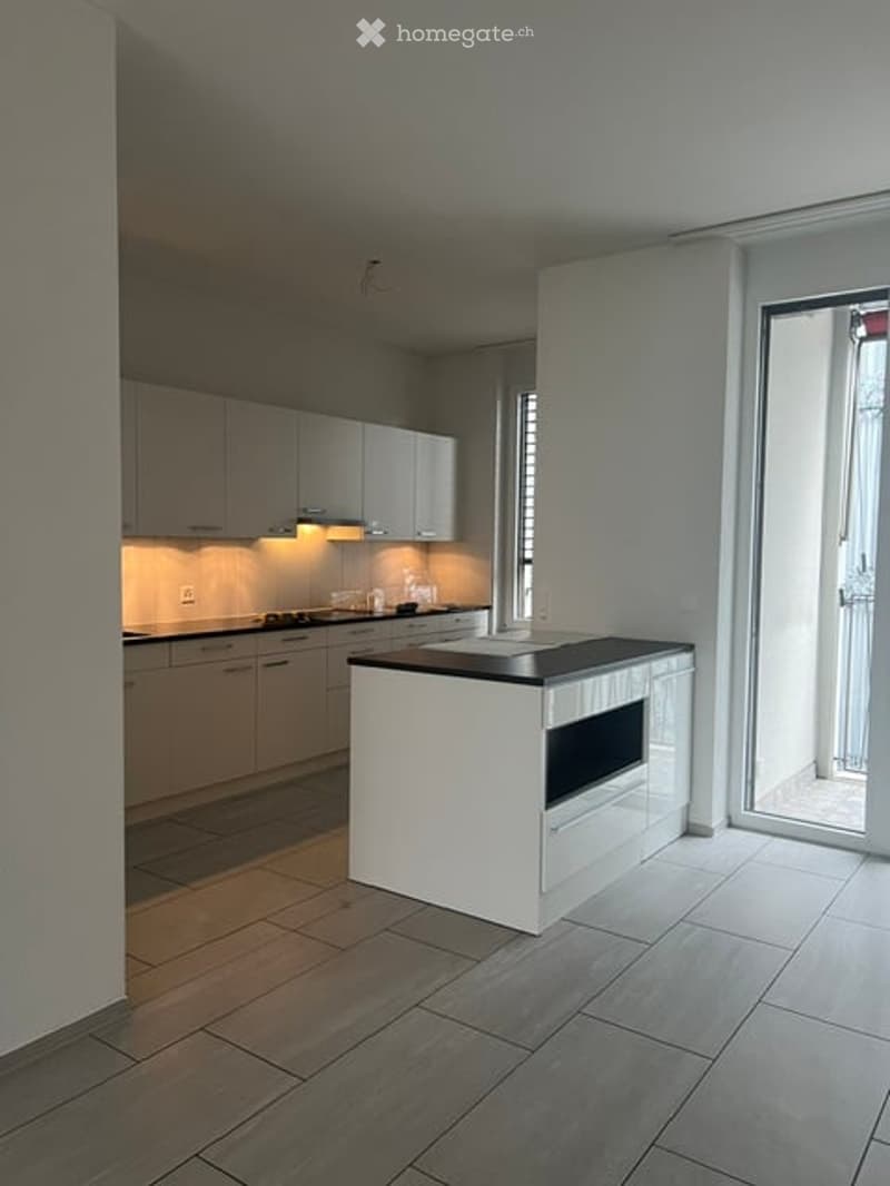 Modern kitchen with white cabinets, black countertop, and built-in appliances. Features a central island with a built-in oven and a sink.