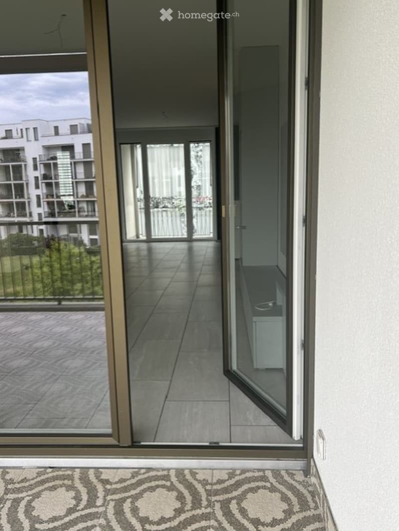 Hallway with large sliding glass doors leading to a balcony, tiled floor, and a patterned rug visible at the entrance.