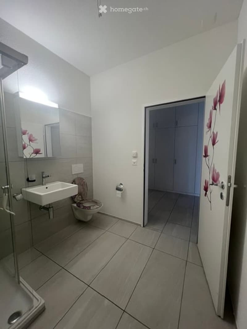 Modern bathroom with white walls, tiled floor, sink, mirror, toilet, and a glass-enclosed shower. A cabinet is visible in the adjacent room.