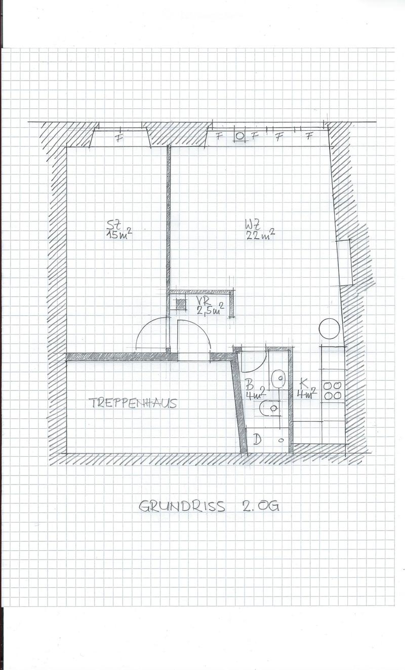 Floor plan of the second floor showing a staircase house, a room labeled "St" (15 m²), a room labeled "WZ" (22 m²), a small room labeled "VR" (2.5 m²), and a room labeled "B" (4 m²).