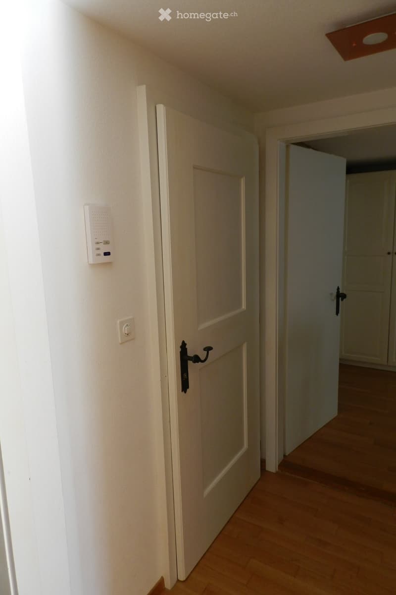 A narrow hallway with light wooden flooring, white walls, and a closed door with a black handle. A light switch and a white intercom system are mounted on the wall.