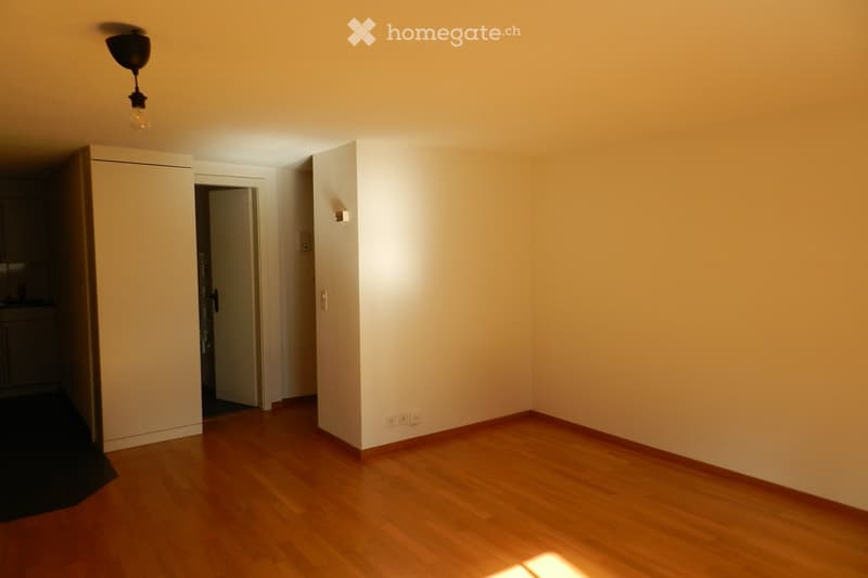 Empty room with wooden flooring, white walls, and a single hanging light fixture. A doorway leads to another room.