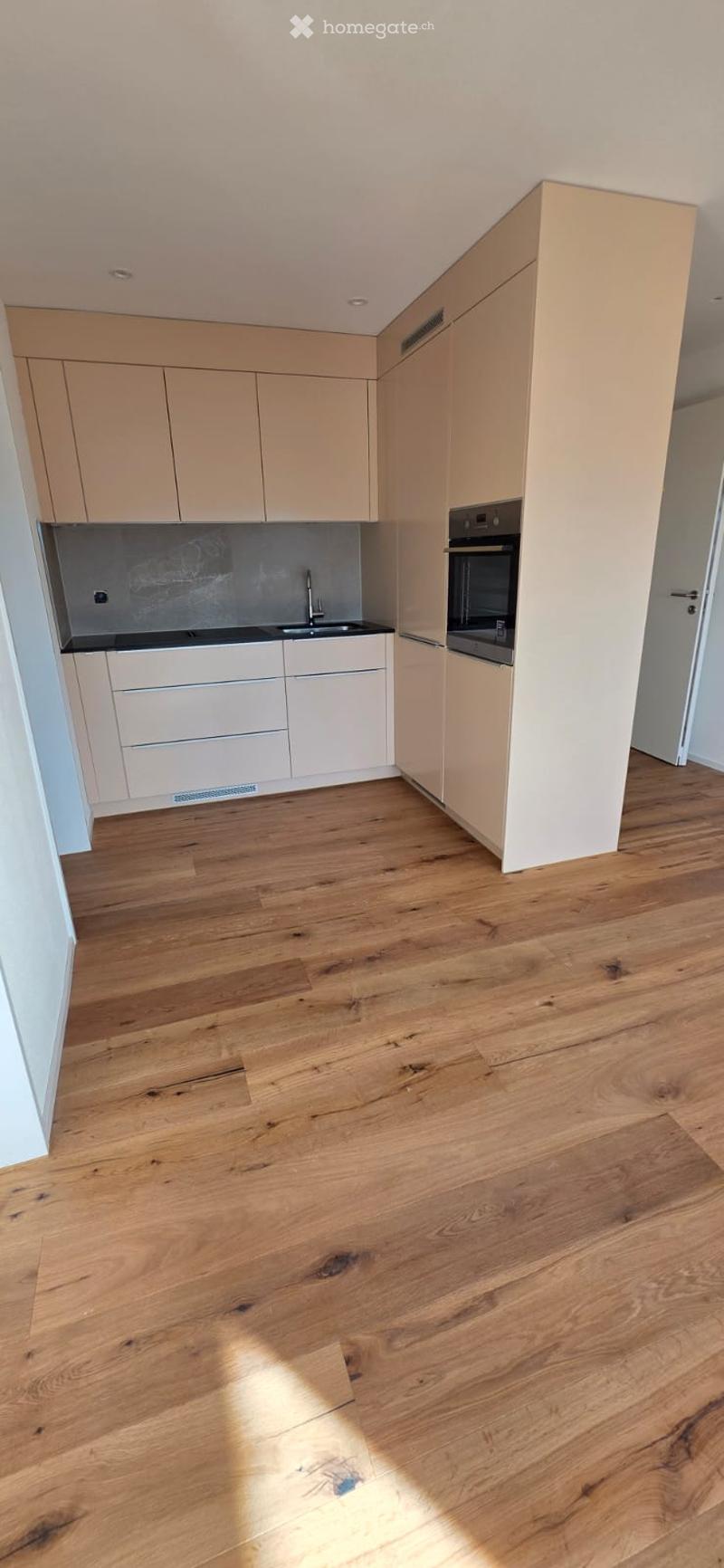 Modern kitchen with wooden floors, white cabinets, black countertops, and a built-in oven.