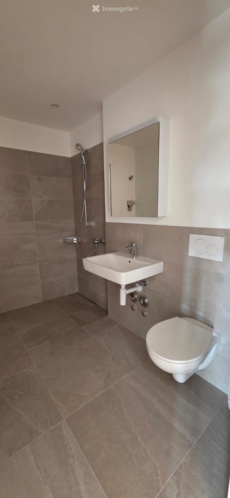 Modern bathroom with tiled walls, white sink, mirror, and shower area.