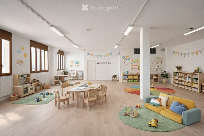 Bright, open room with wooden flooring, large windows, and colorful decor. Features a yellow sofa with pillows, a round table with chairs, bookshelves, and various toys scattered around.