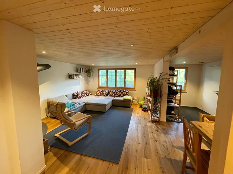 Cozy living room with a sectional sofa, armchair, wooden table, shelves, and a blue rug on a wooden floor.