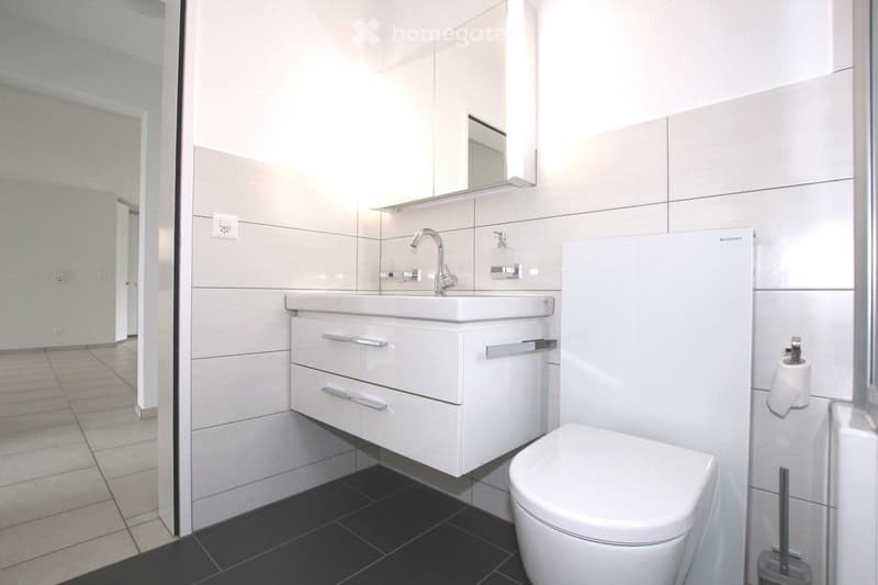 Modern bathroom with white tiles, a white sink with a chrome faucet, a mirrored cabinet, and a toilet. The floor is dark tiled, and the walls are light grey.