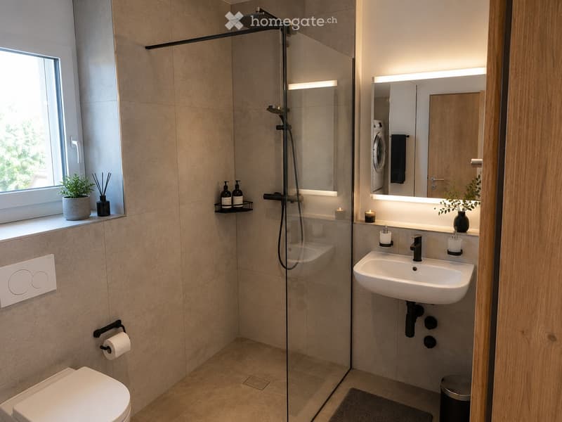Modern bathroom with a glass-enclosed shower, toilet, sink, and mirror. Features include a built-in shelf with candles and bottles, a small plant on the windowsill, and a towel rack with a towel. The space is well-lit with natural light from a window and