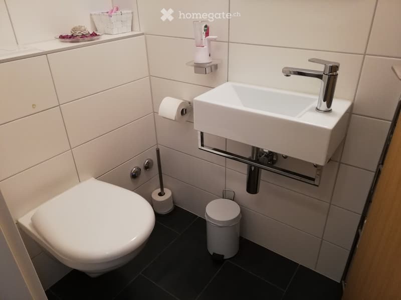 Modern bathroom with white tiles, a toilet, a sink with a modern faucet, a soap dispenser, a toilet paper holder, a trash bin, and a toilet brush holder.