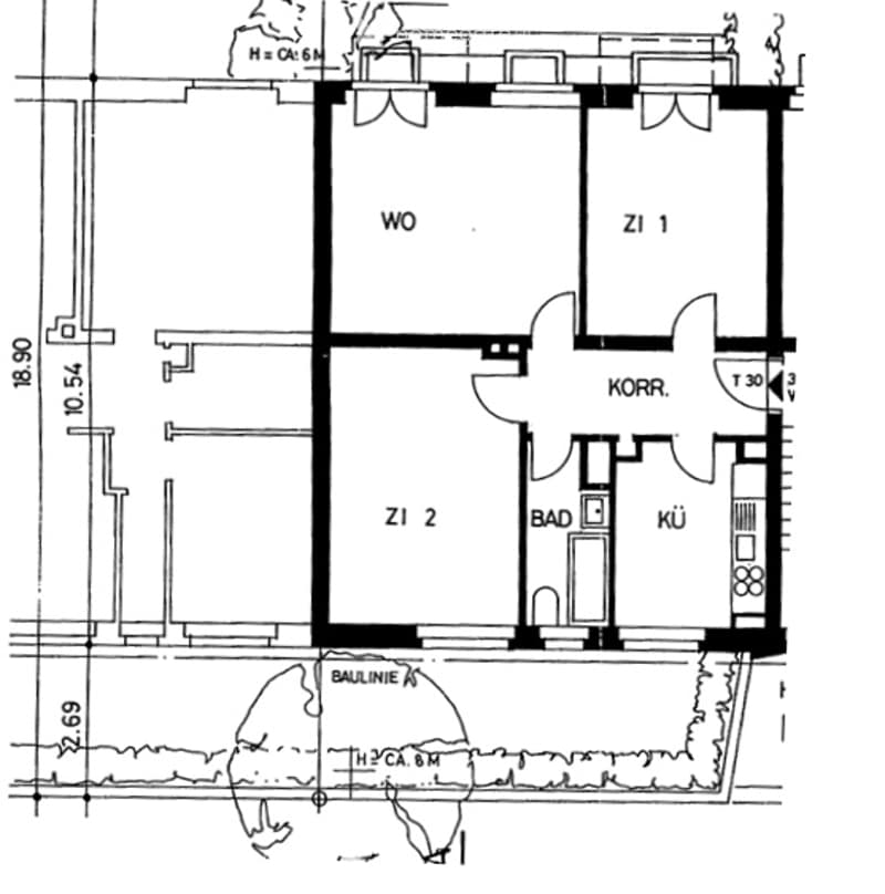 Floor plan of a residential unit showing a living room (WO), two bedrooms (ZI1 and ZI 2), a bathroom (BAD), a kitchen (KÜ), a hallway (KORR.), and a terrace (T30).