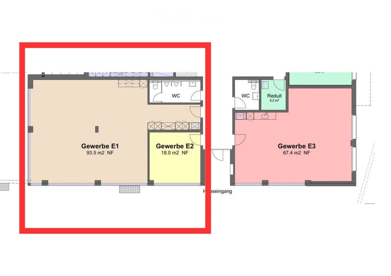 Floor plan showing three commercial spaces (Gewerbe E1, E2, E3) with a WC and a small room labeled 'Reduit'.