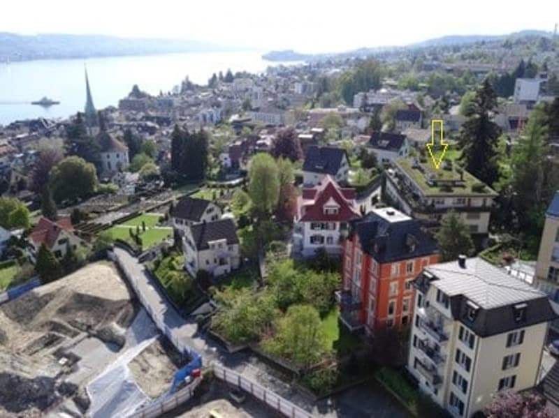 Aerial view of a residential area with multiple houses, green spaces, and a lake in the background.