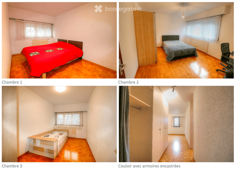 Three bedroom images showing furnished rooms with beds, a chair, and a wardrobe. Each room features wooden flooring and large windows with curtains.