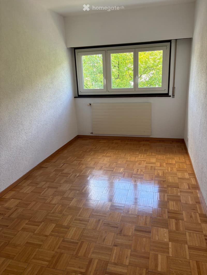 Empty room with wooden parquet flooring, white walls, and a large window with three panes showing greenery outside. A radiator is mounted on the wall below the window.