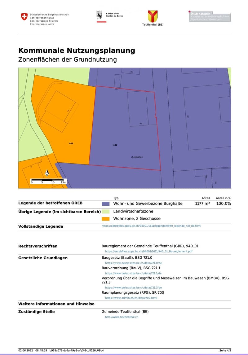 Zoning map showing residential and commercial areas in Teuffenthal, with color-coded zones and numerical labels.