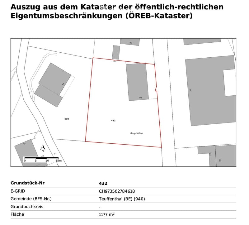 Property plot map showing boundaries and neighboring plots, with plot number 432, area 1177 m², located in Teuffenthal (BE).