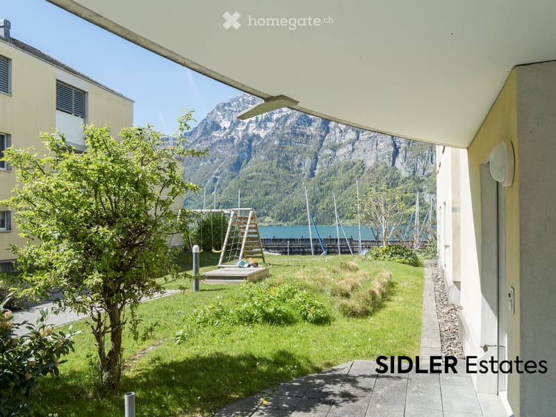 Garden with green grass, small tree, swing set, and scenic mountain view in the background.