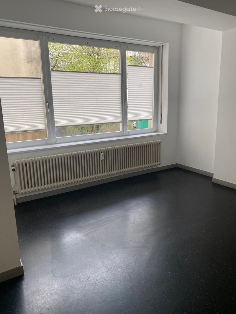 Empty room with dark flooring, white walls, large windows with blinds, and a radiator below the windows.