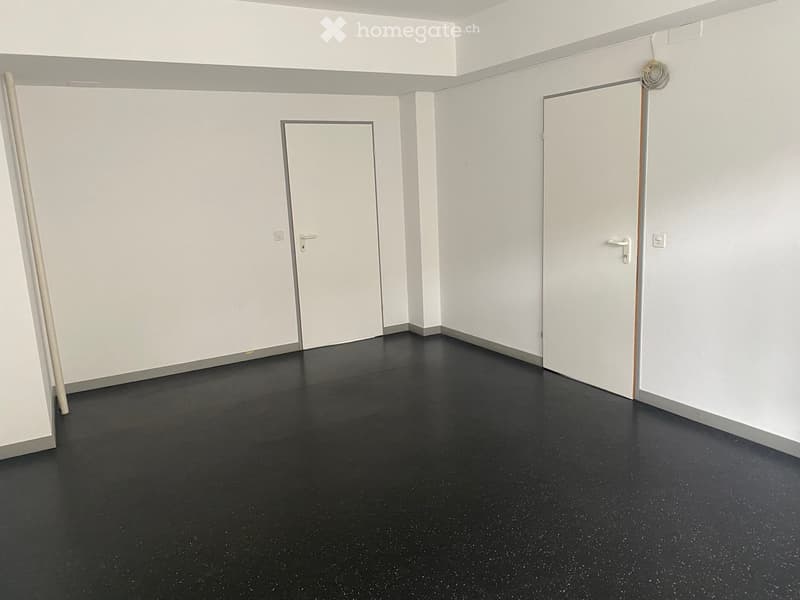 Empty room with white walls, black floor, and two white doors.